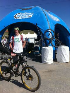 Nukeproof rider Jack Fogelquist hangs out at the CRC booth with his