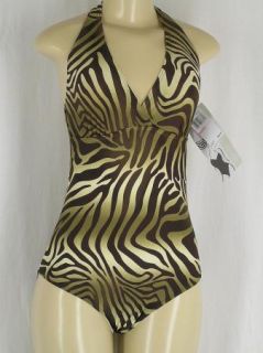 Christina Brown Zebra Print Halter Bathing Swim Suit Swimsuit NEW w/ $