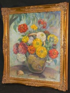 Vintage Oil Painting Thelma Childers 1902 2004 Zinnias Floral Still