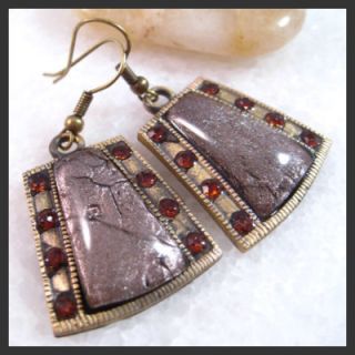  Tibetan Citrine Crystal Vintage Brass Charm Dangle Earrings