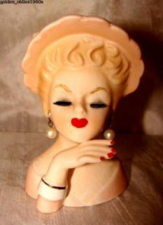 1960s Inarco Cleve Ohio Lady Head Vase with Hat Lashes Hand Hat Bow