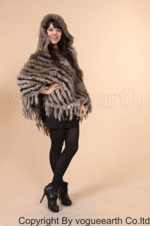 290 New Real Knitted Rabbit Fur Nature Hood Shawl Coat