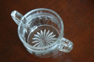  Glass Flower N Leaves Etched Sugar Bowl w Handles Clear Glass