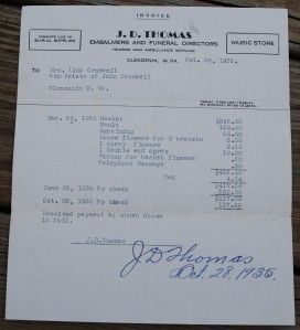 1930 s embalmers funeral burial receipt clendenin wv