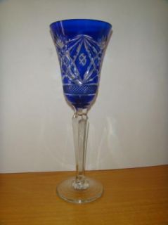  Czech Cobalt Blue Cut to Clear Goble Wine Water Stem Crystal 9