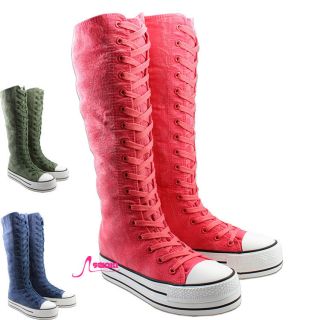 New Hi Top Girls Canvas Sneakers Punk Flat Tall Boots Knee High Lace