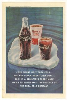 1961 Coke Means Coca Cola Bottle Paper Cup Glass Ad