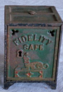 Antique Cast Iron Still Bank FIDELITY SAFE lock works nice paint