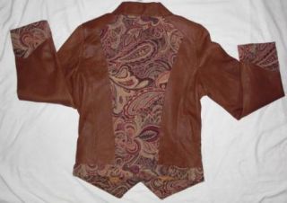Womens Coldwater Creek Brown Leather Jacket w Tapestry Fabric Size