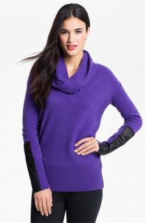 DKNYC Faux Leather Trim Cowl Neck Sweater
