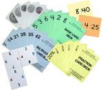 The 6 special decks of cards needed to play the math card games.