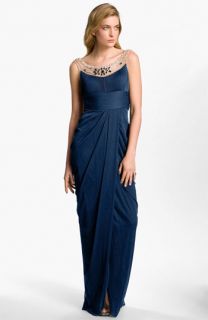 Adrianna Papell Embellished Draped Mesh Gown