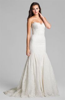 Theia Strapless Embroidered Lace Trumpet Gown