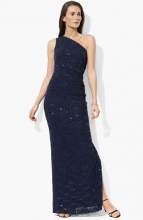 Lauren Ralph Lauren One Shoulder Sequin & Lace Gown