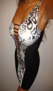 Black White Sexy Cleavage Print Clubbing BEBE Modo Mini Dress Pick XS