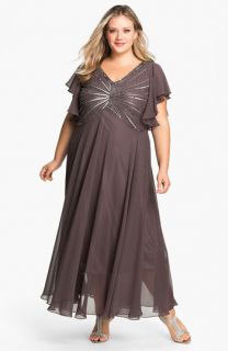 J Kara Sequin Bodice Flutter Sleeve Chiffon Gown (Plus)