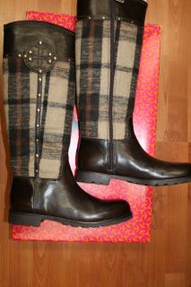  Burch Colleen Riding Boot Plaid Logo Brown Tall Flats Boots Shoes 10 M