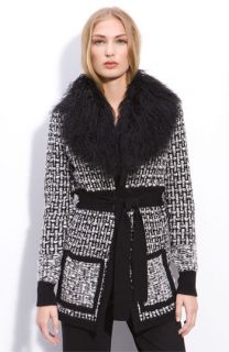 Nanette Lepore Riesling Belted Sweater Coat with Genuine Lambs Fur Collar