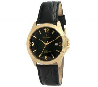Peugeot Mens Goldtone Black Leather Strap Watch   J298014