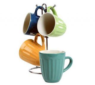 Tabletops Gallery Set of 4 14 oz Mugs with Rack  Cafe Multi   K299809