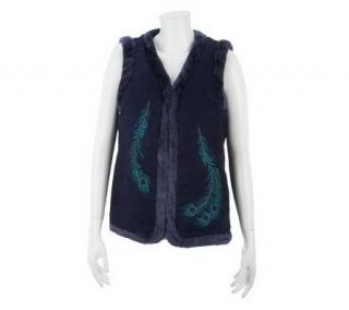 Denim & Co. Faux Suede Vest with Faux Fur & Feather Detail Embroidery 
