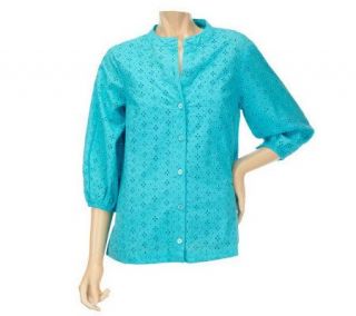 Dennis Basso Button Down 3/4 Sleeve Eyelet Blouse with Tank — 