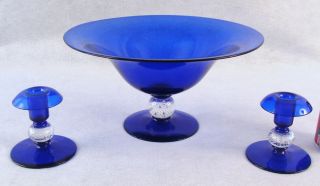 Antique Pairpoint Cobalt Blown Glass Candlesticks Bowl
