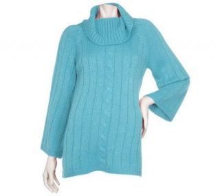 Susan Graver Metallic Cable Knit 3/4 Sleeve Cowl Neck Tunic Sweater 