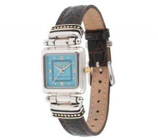 Ecclissi Sterling Turquoise Face Brown Leather Strap Watch —