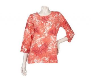 Denim & Co. 3/4 Sleeve Lace Floral Print Scoopneck Stretch T shirt