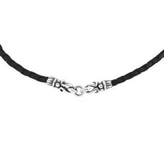 Sterling 18 Braided Black Leather w/Scroll Station Necklace