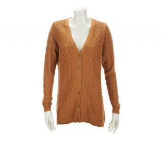 Liz Claiborne New York Cotton Cashmere V Neck Cable Sweater — 