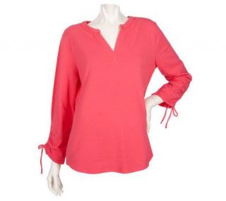 La Cabana by Caribbean Joe Split V neck Tunic w/ Sleeve Ruching Detail 