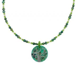 Lee Sands Green Cultured Pearl w/Inlay Tree Pendant Necklace   J269424