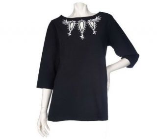 Bob Mackies Stretch Cotton Top with Cutout and Embroidery   A86834