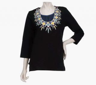 Bob Mackies 3/4 Sleeve Embroidered Necklace Top —