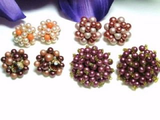  Pearl Pink Purple Coral Beaded Clip Gold Silver Tone Earrings