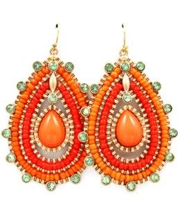 Stunning Gold Tone Bright Colored Orange and Coral Red Beaded Tear