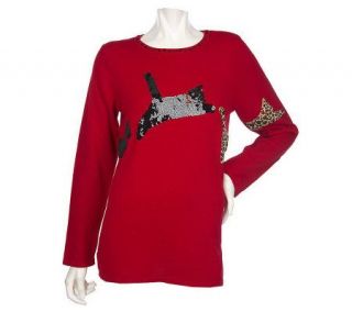 Quacker Factory Leaping Kittens Long Sleeve Knit Top —