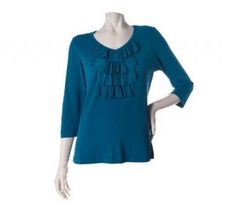 Susan Graver Liquid Knit 3/4 Sleeve V Neck Top with Ruffle Front