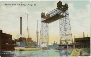Chicago Illinois IL Halsted Street Lift Bridge Boats Buildings Vintage