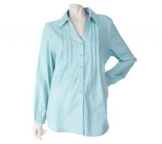 Denim & Co. Long Sleeve Woven Shirt with Pleated Front Detail