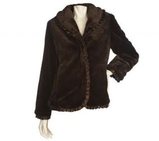 Dennis Basso Faux Fur Coat with Shawl Collar and Satin Trim — 