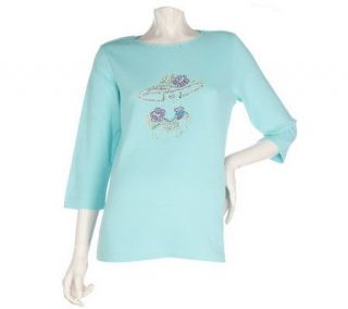 Quacker Factory Lady with Hat Embellished 3/4 Sleeve T shirt