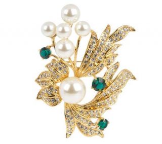 Jacqueline Kennedy Simulated Pearl & Crystal Floral Brooch —