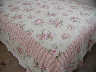 Cottage Chic Pink Large Shabby Cabbage Roses on Natural Ground Quilt F