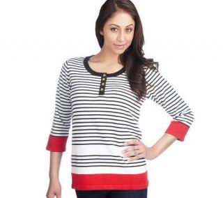 George Simonton 3/4 Sleeve Striped Sweater with Button Placket
