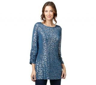 Susan Graver Metallic Animal Print Tunic with 3/4 Ruched Sleeves