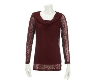 Dennis Basso Cowl Neck Allover Stretch Lace Tunic with Cami — 