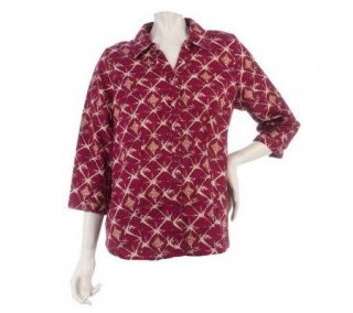 Denim & Co. 3/4 Sleeve Y neck Batik Print Woven Shirt —